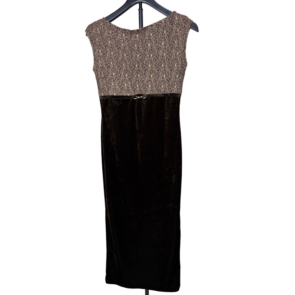 Opera Vintage Brown Velvet Gold Lace Maxi‎ Dress Sleeveless Side Slit Small